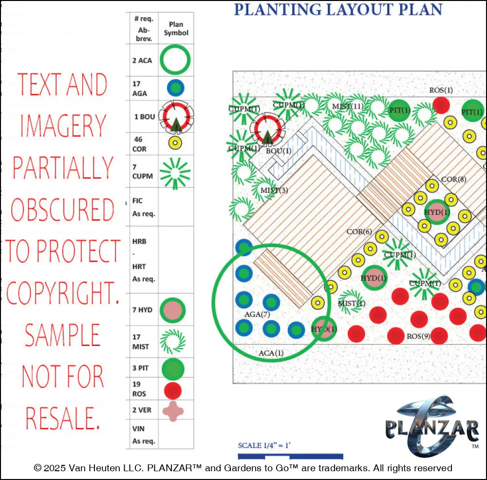 Plant list and layout for the rectangular Modern Water Garden landscape design, showing plant symbols, quantities, species abbreviations, and placement across the lot. Includes a color‑coded legend, pot indicators, and zone notes to guide accurate installation and long‑term care of the curated xeric planting used in this luxury, low‑maintenance, low‑water‑use plan blending sleek modern style with subtle traditional garden influences.