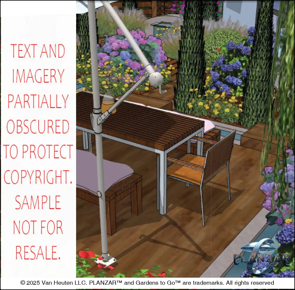 3D color rendering of the rectangular Modern Water Garden landscape design, featuring a custom shade structure, sculptural water feature, wood‑deck path and patio spaces, refined dining and seating areas, small lawn areas, contemporary grilling zones, and curated xeric planting. A luxury, low‑maintenance, low‑water‑use outdoor space blending sleek modern style with subtle traditional garden influences.