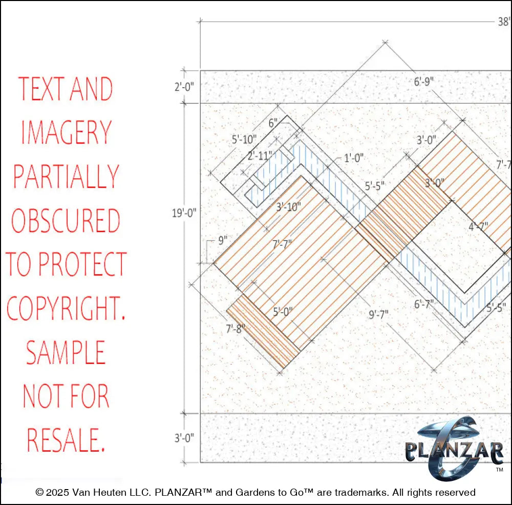 Architectural dimensions plan and layout for the rectangular Modern Water Garden landscape design, showing scaled measurements, structural outlines, and spatial relationships for accurate installation. Includes the lot footprint, wood‑deck path and patio zones, shade‑structure placement, sculptural water feature, refined dining and seating areas, small lawn areas, contemporary grilling zones, and curated xeric planting—supporting the luxury, low‑maintenance, low‑water‑use Modern Water Garden style.