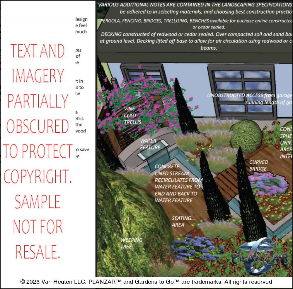 Design overview for the rectangular Modern Water Garden landscape plan, outlining the layout logic behind the custom shade structure, sculptural water feature, wood‑deck path and patio spaces, refined dining and seating areas, small lawn areas, contemporary grilling zones, and curated xeric planting. Highlights the luxury, low‑maintenance, low‑water‑use outdoor style blending sleek modern design with subtle traditional garden influences.