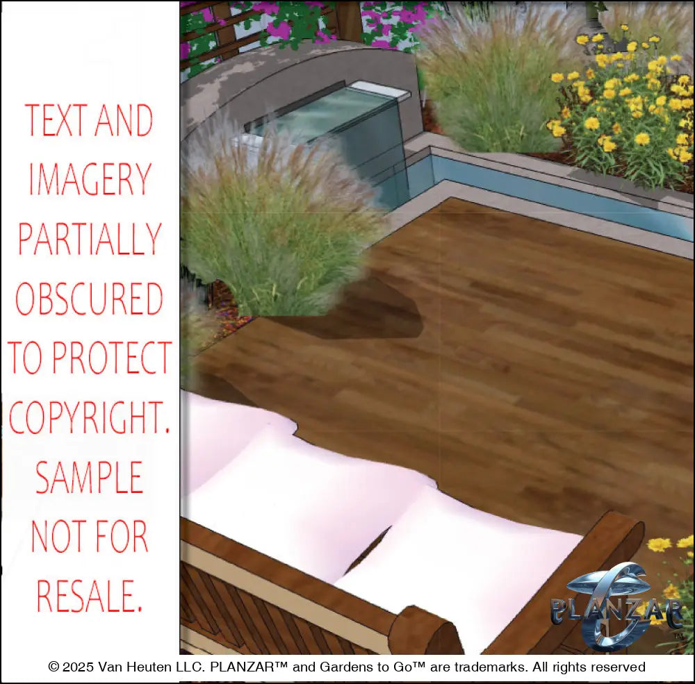 3D color rendering of the rectangular Modern Water Garden landscape design, featuring a custom shade structure, sculptural water feature, wood‑deck path and patio spaces, refined dining and seating areas, small lawn areas, contemporary grilling zones, and curated xeric planting. A luxury, low‑maintenance, low‑water‑use outdoor space blending sleek modern style with subtle traditional garden influences.