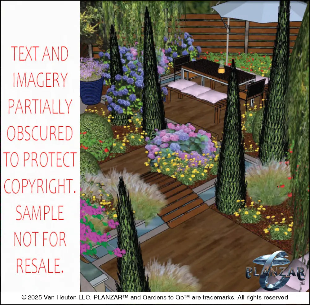 3D color rendering of the rectangular Modern Water Garden landscape design, featuring a custom shade structure, sculptural water feature, wood‑deck path and patio spaces, refined dining and seating areas, small lawn areas, contemporary grilling zones, and curated xeric planting. A luxury, low‑maintenance, low‑water‑use outdoor space blending sleek modern style with subtle traditional garden influences.