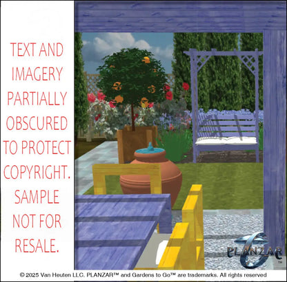3D color rendering of the rectangular French Provençal landscape design, featuring a custom shade structure, elegant pergola, sculptural water feature, spacious patio zones, refined dining and seating areas, small lawn areas, contemporary grilling spaces, and curated xeric planting. A luxury, low‑maintenance, low‑water‑use outdoor space blending modern outdoor living with timeless Provençal charm.