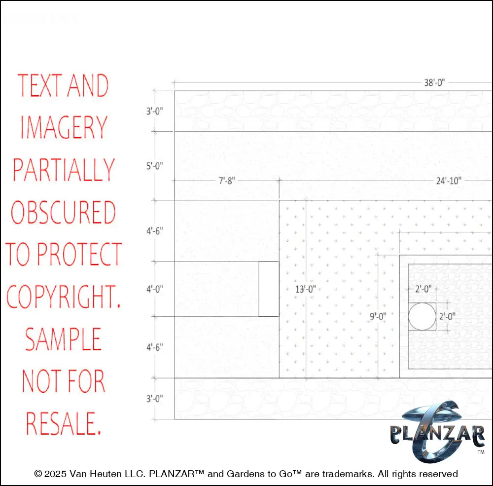 Architectural dimensions plan and layout for the rectangular French Provençal landscape design, showing scaled measurements, structural outlines, and spatial relationships for accurate installation. Includes the lot footprint, spacious patio zones, shade‑structure placement, elegant pergola, sculptural water feature, refined dining and seating areas, small lawn areas, contemporary grilling spaces, and curated xeric planting—supporting the luxury, low‑maintenance, low‑water‑use Provençal style.