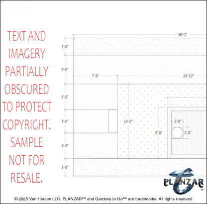 Architectural dimensions plan and layout for the rectangular French Provençal landscape design, showing scaled measurements, structural outlines, and spatial relationships for accurate installation. Includes the lot footprint, spacious patio zones, shade‑structure placement, elegant pergola, sculptural water feature, refined dining and seating areas, small lawn areas, contemporary grilling spaces, and curated xeric planting—supporting the luxury, low‑maintenance, low‑water‑use Provençal style.