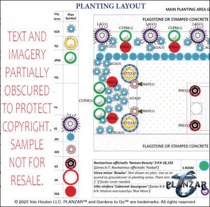 Plant list and layout for the rectangular French Provençal landscape design, showing plant symbols, quantities, species abbreviations, and placement across the lot. Includes a color‑coded legend, pot indicators, and zone notes to guide accurate installation and long‑term care of the curated xeric planting used in this luxury, low‑maintenance, low‑water‑use plan blending modern outdoor living with timeless Provençal charm.