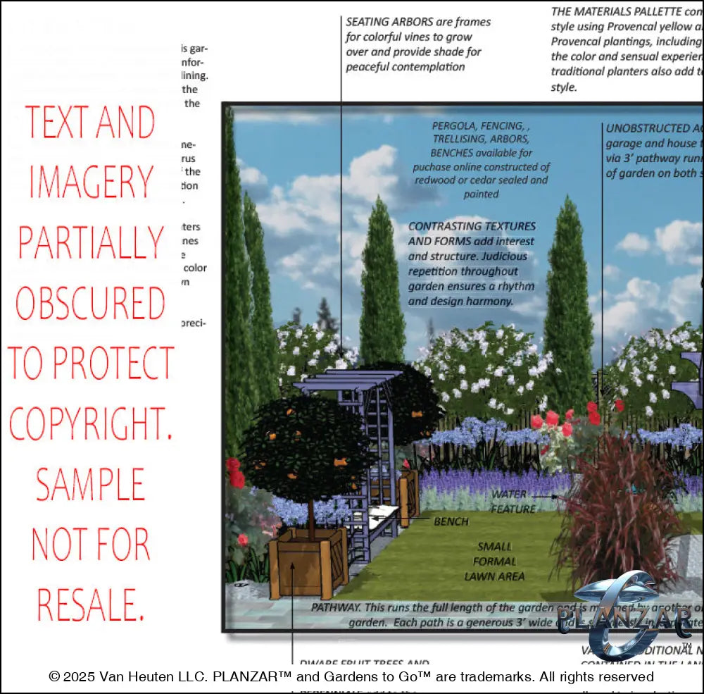 Design overview for the rectangular French Provençal landscape plan, outlining the layout logic behind the custom shade structure, elegant pergola, sculptural water feature, spacious patio zones, refined dining and seating areas, small lawn areas, contemporary grilling spaces, and curated xeric planting. Highlights the luxury, low‑maintenance, low‑water‑use outdoor style blending modern living with timeless Provençal charm.