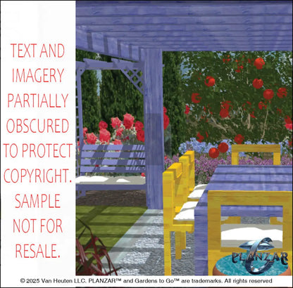3D color rendering of the rectangular French Provençal landscape design, featuring a custom shade structure, elegant pergola, sculptural water feature, spacious patio zones, refined dining and seating areas, small lawn areas, contemporary grilling spaces, and curated xeric planting. A luxury, low‑maintenance, low‑water‑use outdoor space blending modern outdoor living with timeless Provençal charm.
