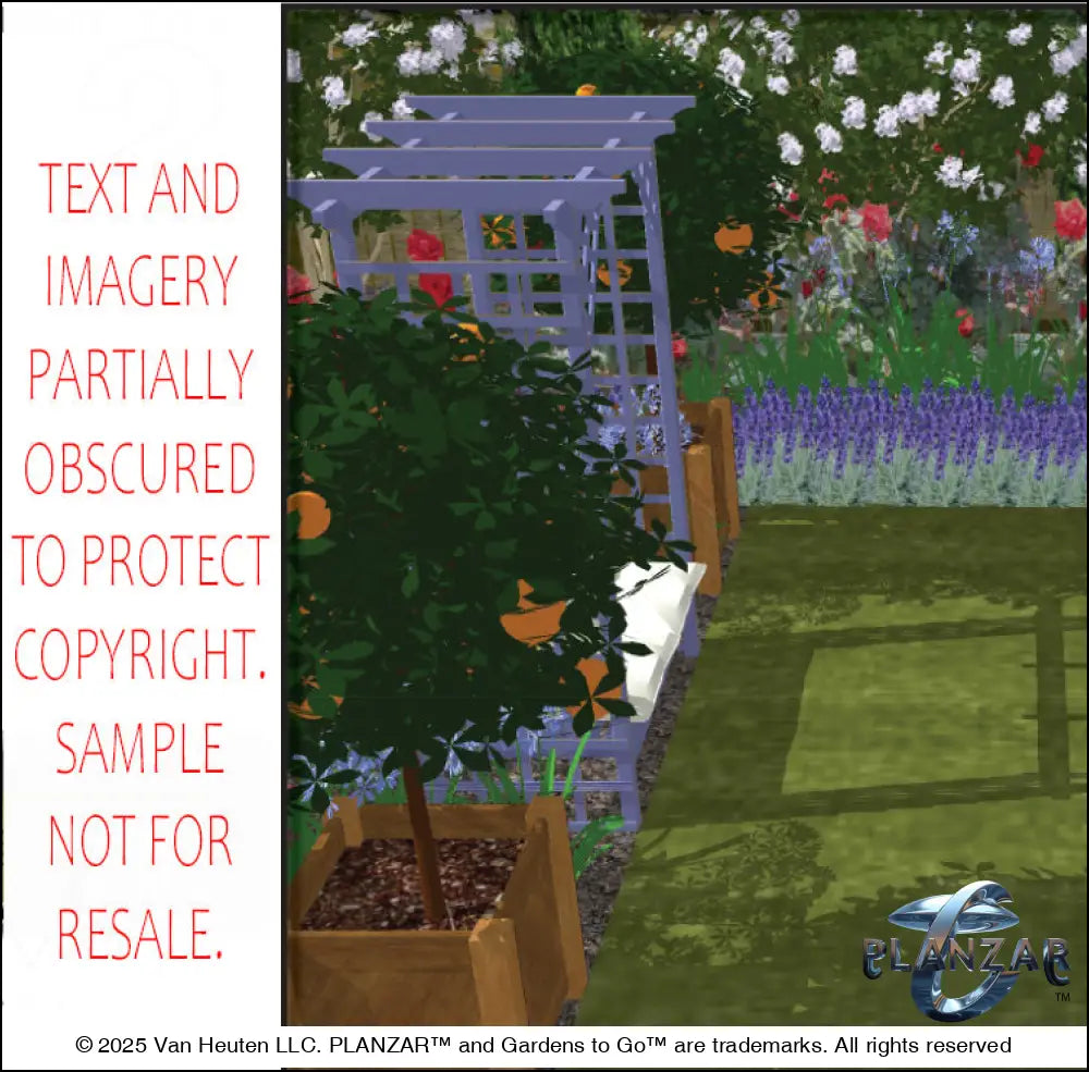 3D color rendering of the rectangular French Provençal landscape design, featuring a custom shade structure, elegant pergola, sculptural water feature, spacious patio zones, refined dining and seating areas, small lawn areas, contemporary grilling spaces, and curated xeric planting. A luxury, low‑maintenance, low‑water‑use outdoor space blending modern outdoor living with timeless Provençal charm.