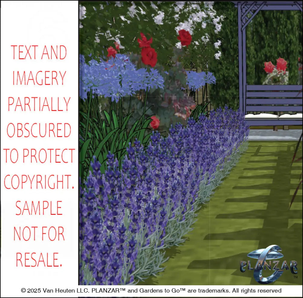 3D color rendering of the rectangular French Provençal landscape design, featuring a custom shade structure, elegant pergola, sculptural water feature, spacious patio zones, refined dining and seating areas, small lawn areas, contemporary grilling spaces, and curated xeric planting. A luxury, low‑maintenance, low‑water‑use outdoor space blending modern outdoor living with timeless Provençal charm.