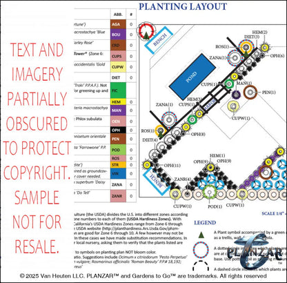Plant list and layout for the rectangular Secret Garden landscape design, showing plant symbols, quantities, species abbreviations, and placement across the lot. Includes a color‑coded legend, pot indicators, and zone notes to guide accurate installation and long‑term care of the curated xeric planting used in this luxury, low‑maintenance, low‑water‑use plan blending modern outdoor living with timeless Secret Garden charm.