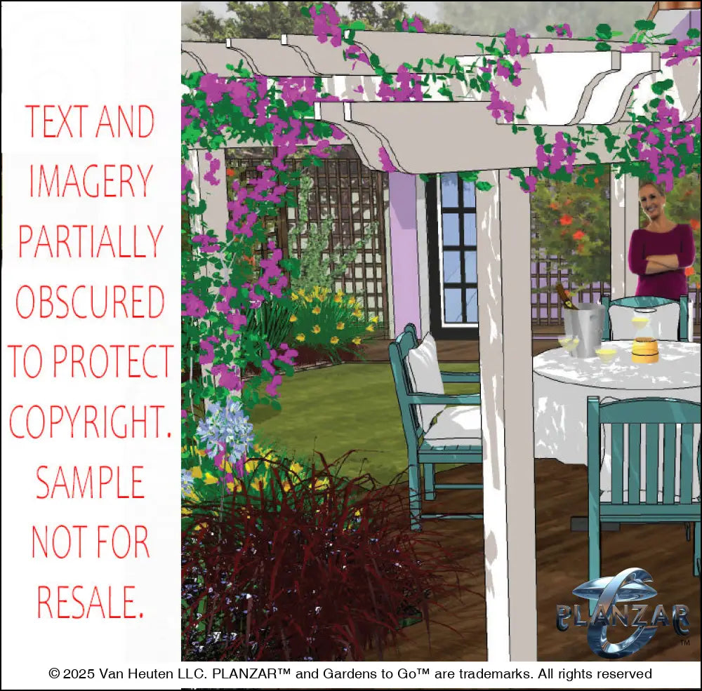 3D color rendering of the rectangular Secret Garden landscape design, featuring a custom shade structure, elegant pergola, sculptural water feature, wood‑patio and pathway spaces, refined dining and seating areas, small lawn areas, contemporary grilling zones, and curated xeric planting. A luxury, low‑maintenance, low‑water‑use outdoor space blending modern outdoor living with timeless Secret Garden charm.