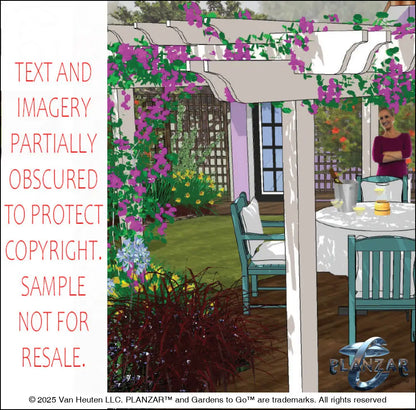 3D color rendering of the rectangular Secret Garden landscape design, featuring a custom shade structure, elegant pergola, sculptural water feature, wood‑patio and pathway spaces, refined dining and seating areas, small lawn areas, contemporary grilling zones, and curated xeric planting. A luxury, low‑maintenance, low‑water‑use outdoor space blending modern outdoor living with timeless Secret Garden charm.