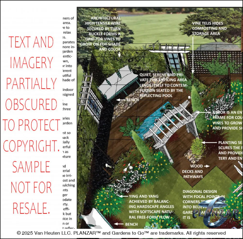 Design overview for the rectangular Secret Garden landscape plan, outlining the layout logic behind the custom shade structure, elegant pergola, sculptural water feature, wood‑patio and pathway spaces, refined dining and seating areas, small lawn areas, contemporary grilling zones, and curated xeric planting. Highlights the luxury, low‑maintenance, low‑water‑use outdoor style blending modern living with timeless Secret Garden charm.