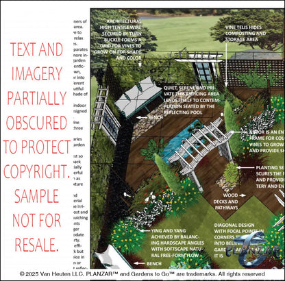 Design overview for the rectangular Secret Garden landscape plan, outlining the layout logic behind the custom shade structure, elegant pergola, sculptural water feature, wood‑patio and pathway spaces, refined dining and seating areas, small lawn areas, contemporary grilling zones, and curated xeric planting. Highlights the luxury, low‑maintenance, low‑water‑use outdoor style blending modern living with timeless Secret Garden charm.