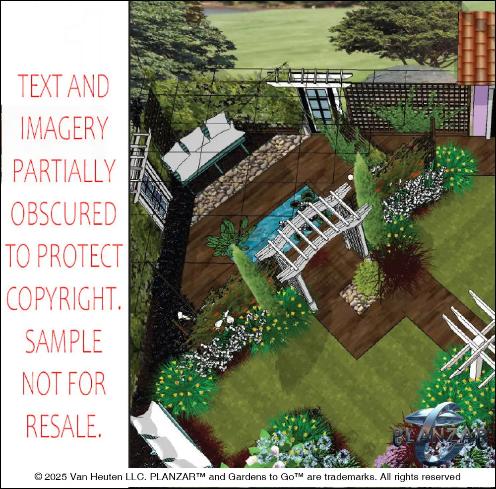 3D color rendering of the rectangular Secret Garden landscape design, featuring a custom shade structure, elegant pergola, sculptural water feature, wood‑patio and pathway spaces, refined dining and seating areas, small lawn areas, contemporary grilling zones, and curated xeric planting. A luxury, low‑maintenance, low‑water‑use outdoor space blending modern outdoor living with timeless Secret Garden charm.