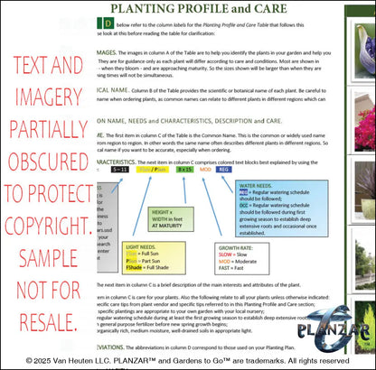 Planting guide for the rectangular Secret Garden landscape design, featuring plant identification photos, botanical names, care notes, and guidance on light needs, watering, growth habits, and mature size. Supports proper installation and long‑term care of the curated xeric planting used in this luxury, low‑maintenance, low‑water‑use plan blending modern outdoor living with timeless Secret Garden charm.