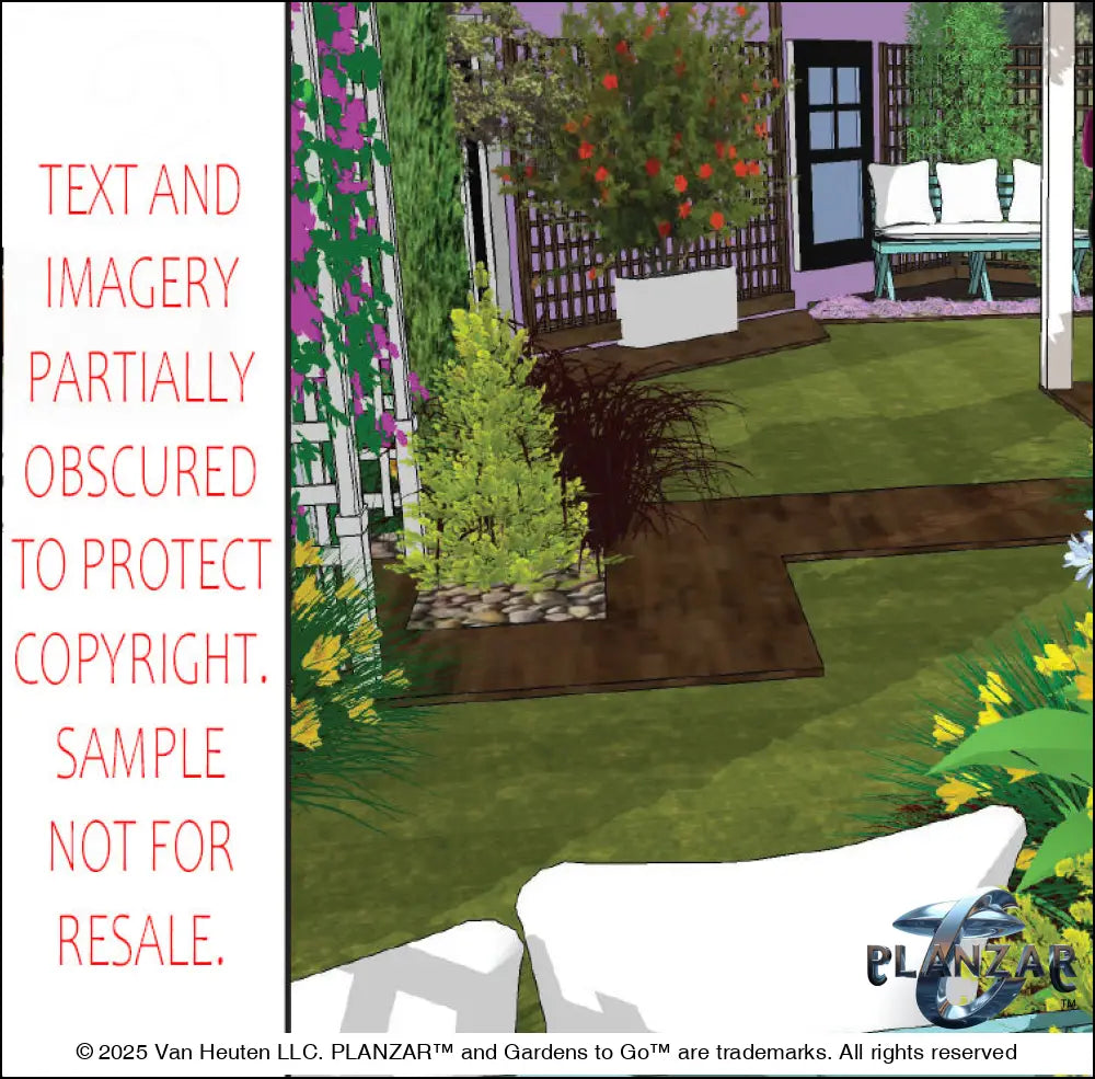 3D color rendering of the rectangular Secret Garden landscape design, featuring a custom shade structure, elegant pergola, sculptural water feature, wood‑patio and pathway spaces, refined dining and seating areas, small lawn areas, contemporary grilling zones, and curated xeric planting. A luxury, low‑maintenance, low‑water‑use outdoor space blending modern outdoor living with timeless Secret Garden charm.