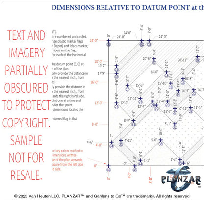 Architectural dimensions plan and layout for the rectangular Secret Garden landscape design, showing scaled measurements, structural outlines, and spatial relationships for accurate installation. Includes the lot footprint, wood‑patio and pathway zones, shade‑structure placement, elegant pergola, sculptural water feature, refined dining and seating areas, small lawn areas, contemporary grilling zones, and curated xeric planting—supporting the luxury, low‑maintenance, low‑water‑use Secret Garden style.
