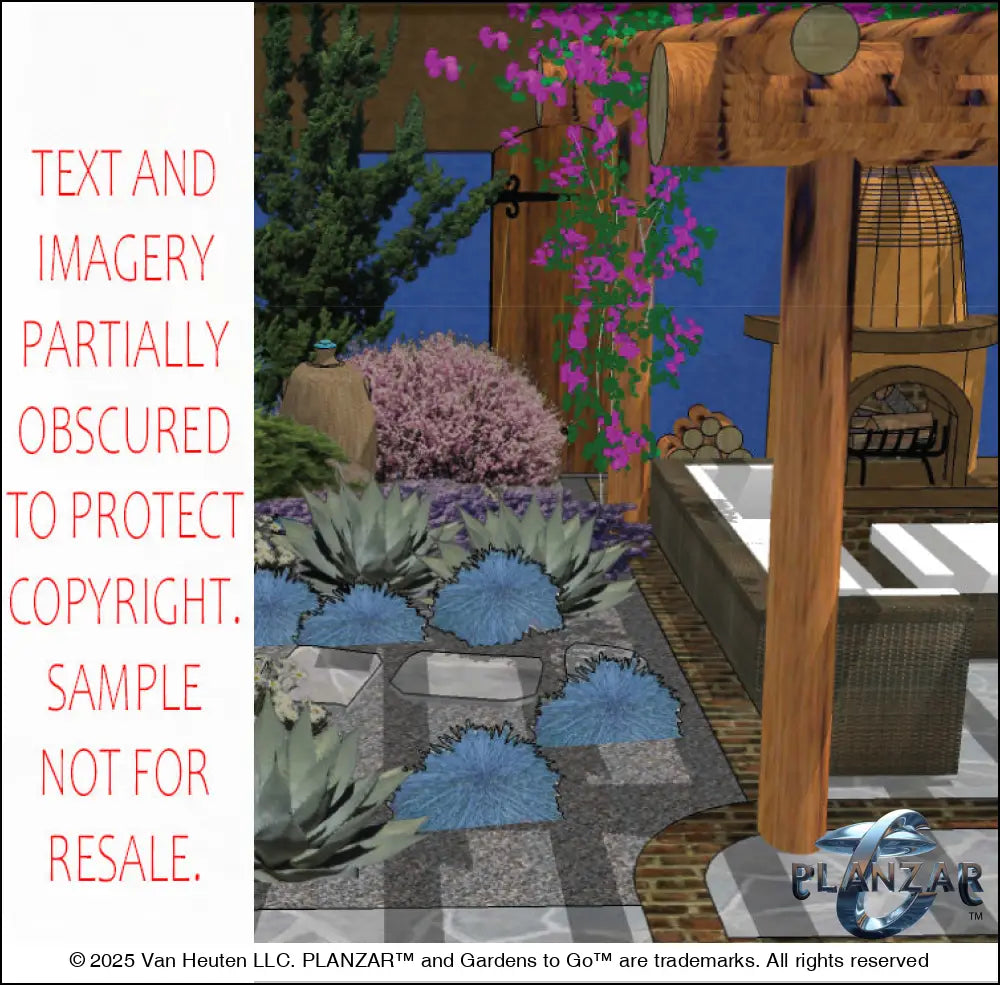 3D color rendering of the rectangular Southwestern landscape design, featuring a custom pergola, sculptural water feature, modern outdoor fireplace, stone patio spaces, refined dining and seating areas, small lawn areas, contemporary grilling zones, and curated xeric planting. A luxury, low‑maintenance, low‑water‑use outdoor space ideal for contemporary, desert‑inspired living.