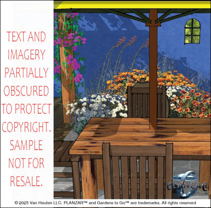 3D color rendering of the rectangular Southwestern landscape design, featuring a custom pergola, sculptural water feature, modern outdoor fireplace, stone patio spaces, refined dining and seating areas, small lawn areas, contemporary grilling zones, and curated xeric planting. A luxury, low‑maintenance, low‑water‑use outdoor space ideal for contemporary, desert‑inspired living.