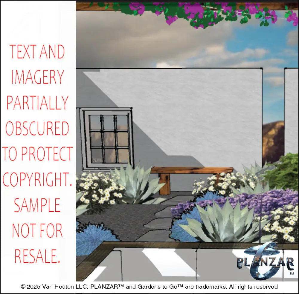 3D color rendering of the rectangular Southwestern landscape design, featuring a custom pergola, sculptural water feature, modern outdoor fireplace, stone patio spaces, refined dining and seating areas, small lawn areas, contemporary grilling zones, and curated xeric planting. A luxury, low‑maintenance, low‑water‑use outdoor space ideal for contemporary, desert‑inspired living.