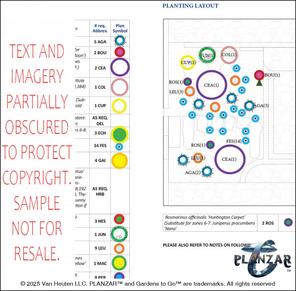 Plant list and layout for the rectangular Southwestern landscape design, showing plant symbols, quantities, species abbreviations, and placement across the lot. Includes a color‑coded legend, pot indicators, and zone notes to guide accurate installation and long‑term care of the curated xeric planting used in this luxury, low‑maintenance, low‑water‑use plan ideal for contemporary, desert‑inspired outdoor living.