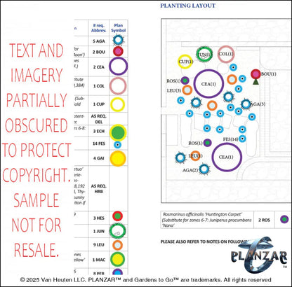 Plant list and layout for the rectangular Southwestern landscape design, showing plant symbols, quantities, species abbreviations, and placement across the lot. Includes a color‑coded legend, pot indicators, and zone notes to guide accurate installation and long‑term care of the curated xeric planting used in this luxury, low‑maintenance, low‑water‑use plan ideal for contemporary, desert‑inspired outdoor living.