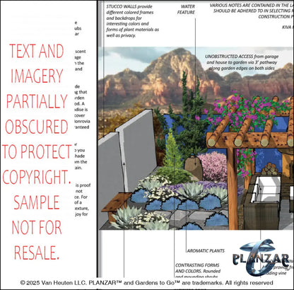 Design overview for the rectangular Southwestern landscape plan, outlining the layout logic behind the custom pergola, sculptural water feature, modern outdoor fireplace, stone patio spaces, refined dining and seating areas, small lawn areas, contemporary grilling zones, and curated xeric planting. Highlights the luxury, low‑maintenance, low‑water‑use outdoor style ideal for contemporary, desert‑inspired living.