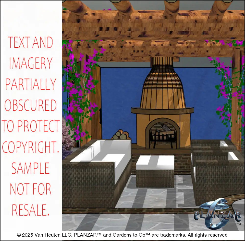 3D color rendering of the rectangular Southwestern landscape design, featuring a custom pergola, sculptural water feature, modern outdoor fireplace, stone patio spaces, refined dining and seating areas, small lawn areas, contemporary grilling zones, and curated xeric planting. A luxury, low‑maintenance, low‑water‑use outdoor space ideal for contemporary, desert‑inspired living.