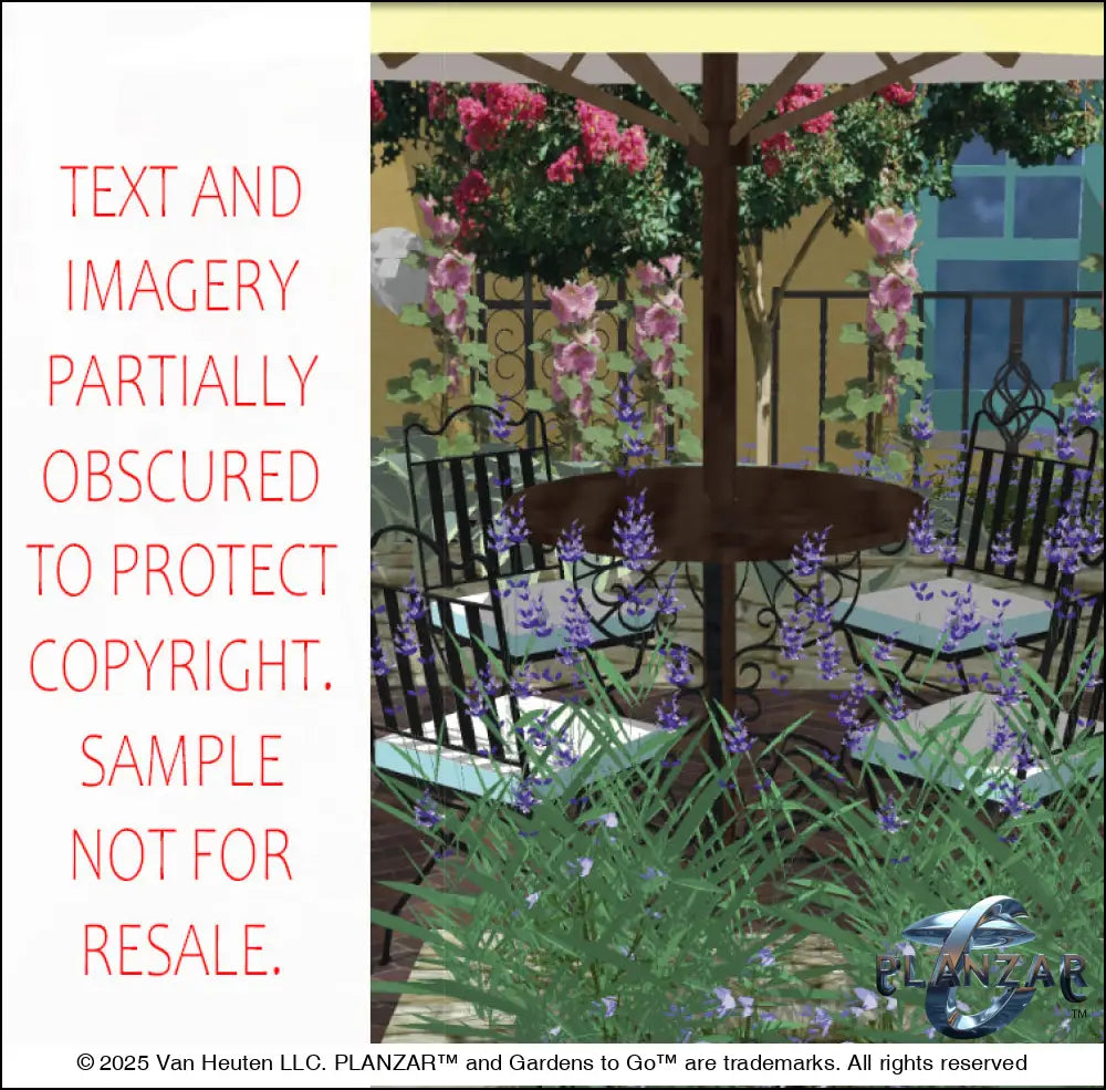 3D color rendering of the rectangular Italian Tuscan landscape design, featuring a custom shade structure, elegant pergola, sculptural water feature, modern outdoor fireplace, brick and stone patio spaces, sunken garden areas, refined dining and seating zones, small lawn areas, traditional grilling areas, and curated xeric planting. A luxury, low‑maintenance, low‑water‑use outdoor space blending modern outdoor living with timeless Tuscan style.