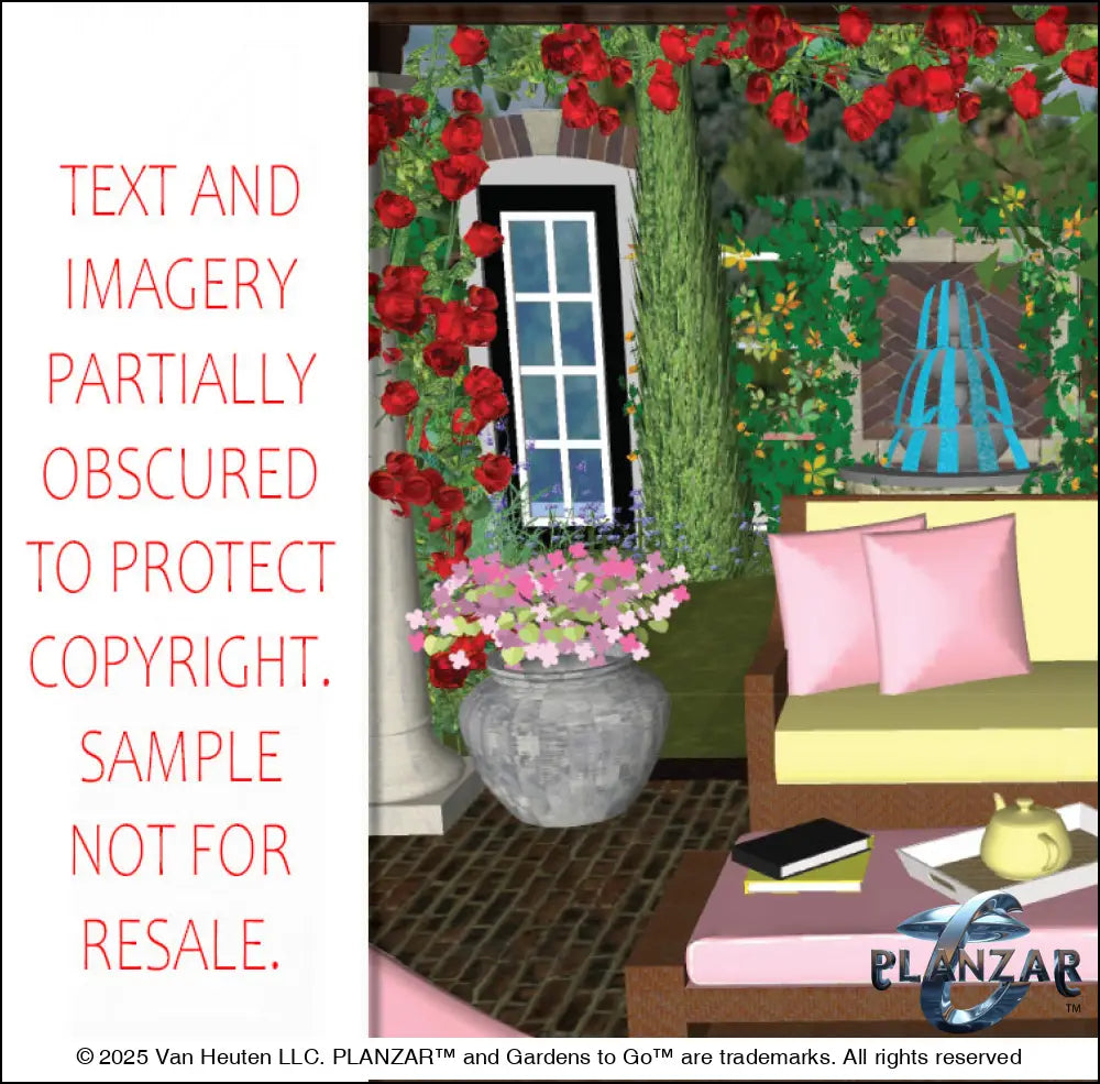 3D color rendering of the rectangular Italian Tuscan landscape design, featuring a custom shade structure, elegant pergola, sculptural water feature, modern outdoor fireplace, brick and stone patio spaces, sunken garden areas, refined dining and seating zones, small lawn areas, traditional grilling areas, and curated xeric planting. A luxury, low‑maintenance, low‑water‑use outdoor space blending modern outdoor living with timeless Tuscan style.