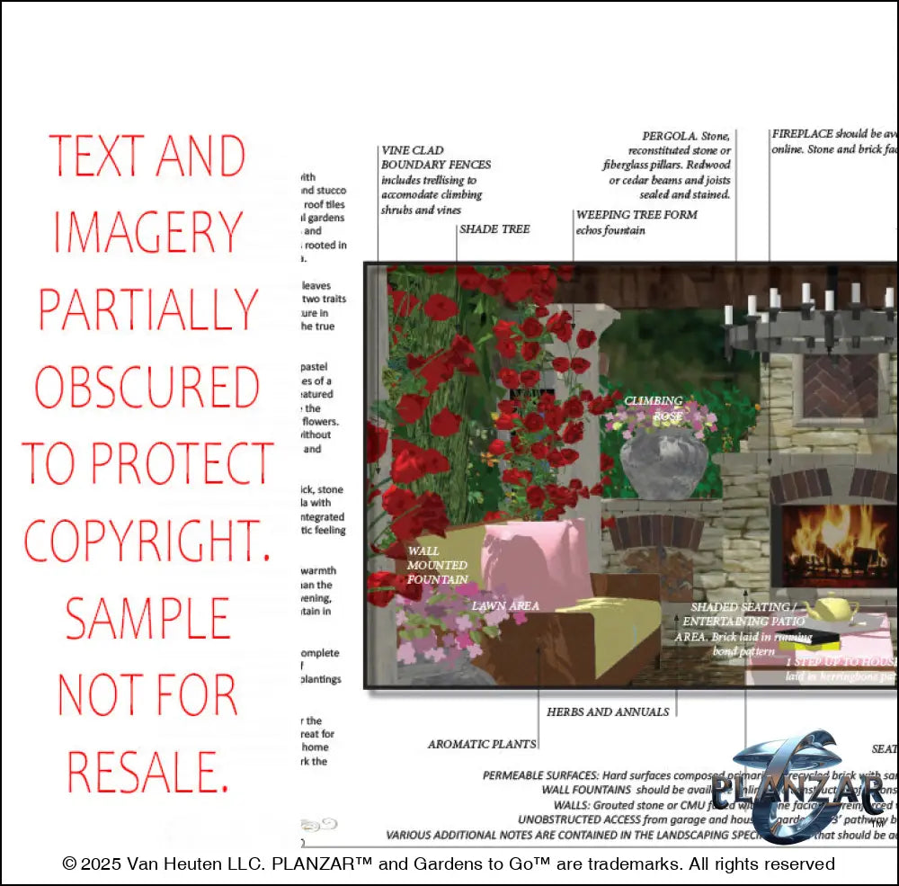 Design overview for the rectangular Italian Tuscan landscape plan, outlining the layout logic behind the custom shade structure, elegant pergola, sculptural water feature, modern outdoor fireplace, brick and stone patio spaces, sunken garden areas, refined dining and seating zones, small lawn areas, traditional grilling areas, and curated xeric planting. Highlights the luxury, low‑maintenance, low‑water‑use outdoor style blending modern living with timeless Tuscan character.