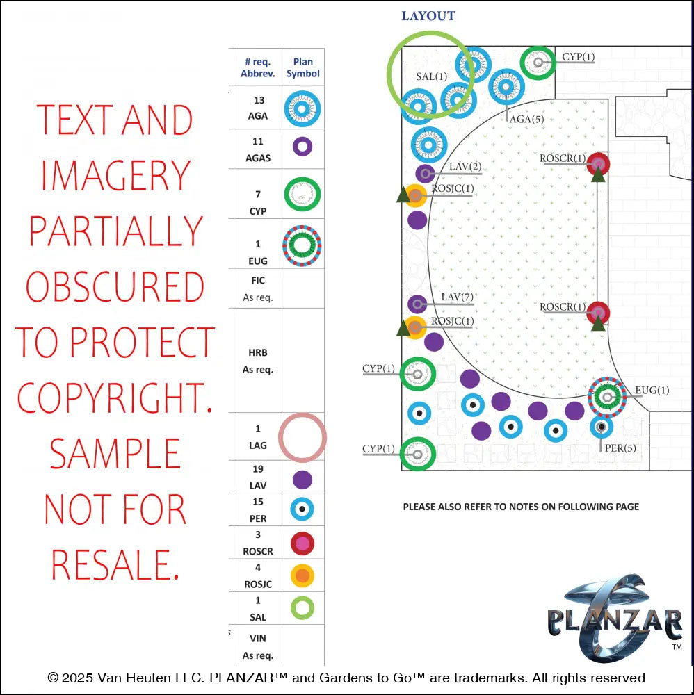 Plant list and layout for the rectangular Italian Tuscan landscape design, showing plant symbols, quantities, species abbreviations, and placement across the lot. Includes a color‑coded legend, pot indicators, and zone notes to guide accurate installation and long‑term care of the curated xeric planting used in this luxury, low‑maintenance, low‑water‑use plan blending modern outdoor living with timeless Tuscan character.