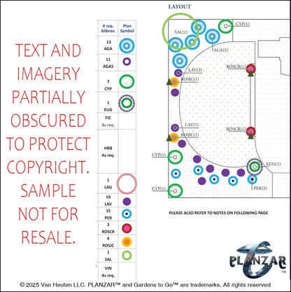 Plant list and layout for the rectangular Italian Tuscan landscape design, showing plant symbols, quantities, species abbreviations, and placement across the lot. Includes a color‑coded legend, pot indicators, and zone notes to guide accurate installation and long‑term care of the curated xeric planting used in this luxury, low‑maintenance, low‑water‑use plan blending modern outdoor living with timeless Tuscan character.