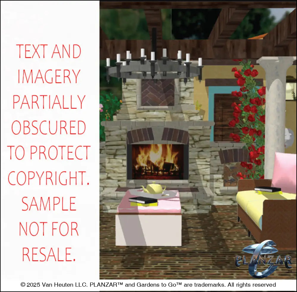 3D color rendering of the rectangular Italian Tuscan landscape design, featuring a custom shade structure, elegant pergola, sculptural water feature, modern outdoor fireplace, brick and stone patio spaces, sunken garden areas, refined dining and seating zones, small lawn areas, traditional grilling areas, and curated xeric planting. A luxury, low‑maintenance, low‑water‑use outdoor space blending modern outdoor living with timeless Tuscan style.