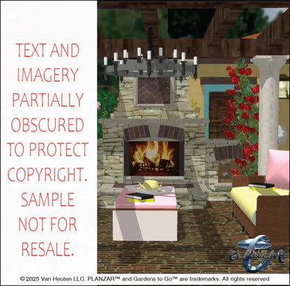 3D color rendering of the rectangular Italian Tuscan landscape design, featuring a custom shade structure, elegant pergola, sculptural water feature, modern outdoor fireplace, brick and stone patio spaces, sunken garden areas, refined dining and seating zones, small lawn areas, traditional grilling areas, and curated xeric planting. A luxury, low‑maintenance, low‑water‑use outdoor space blending modern outdoor living with timeless Tuscan style.